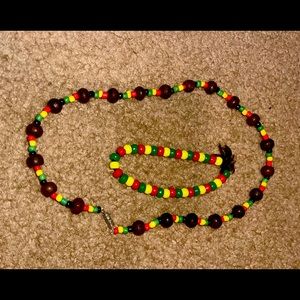 Rasta beaded necklace and matching bracelet, 16”